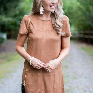 Lavender Brown Jewel Neck Brown Suede Dress